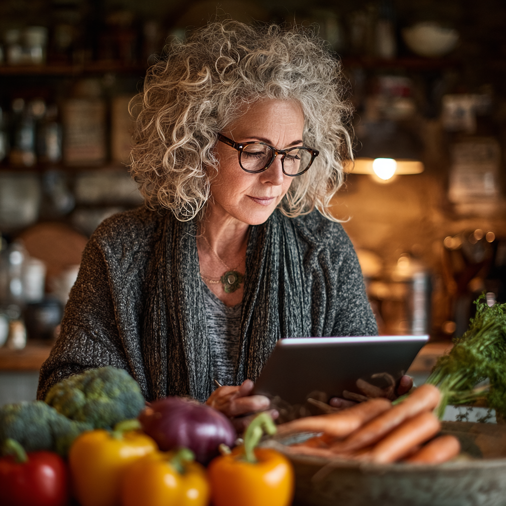 Жінка 52 роки розглядає персоналізоване меню на планшеті, сидячи в затишній кухні з різноманітними свіжими продуктами