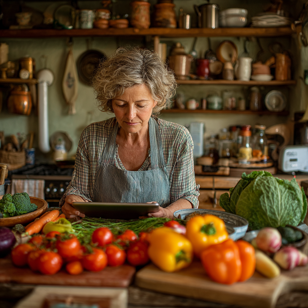 Жінка 55 років сидить за кухонним столом з планшетом та свіжими овочами, плануючи своє меню на тиждень