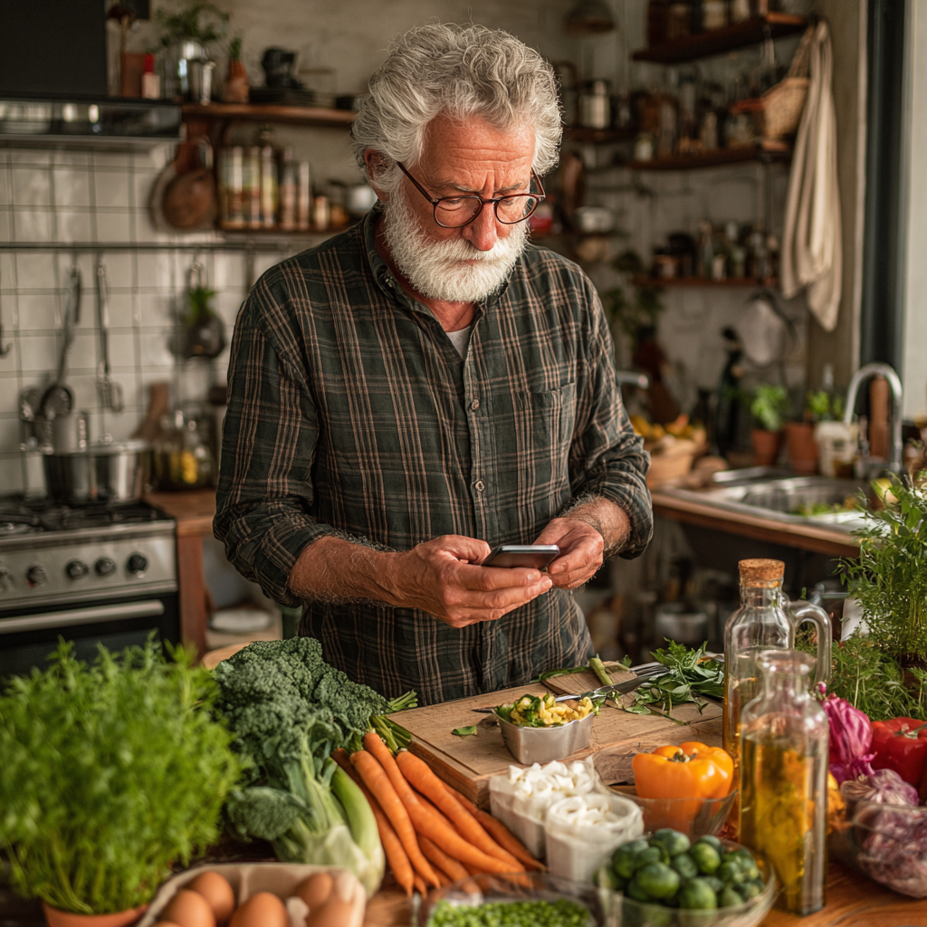 Чоловік 58 років готує здорову страву на кухні, переглядаючи рецепт на смартфоні