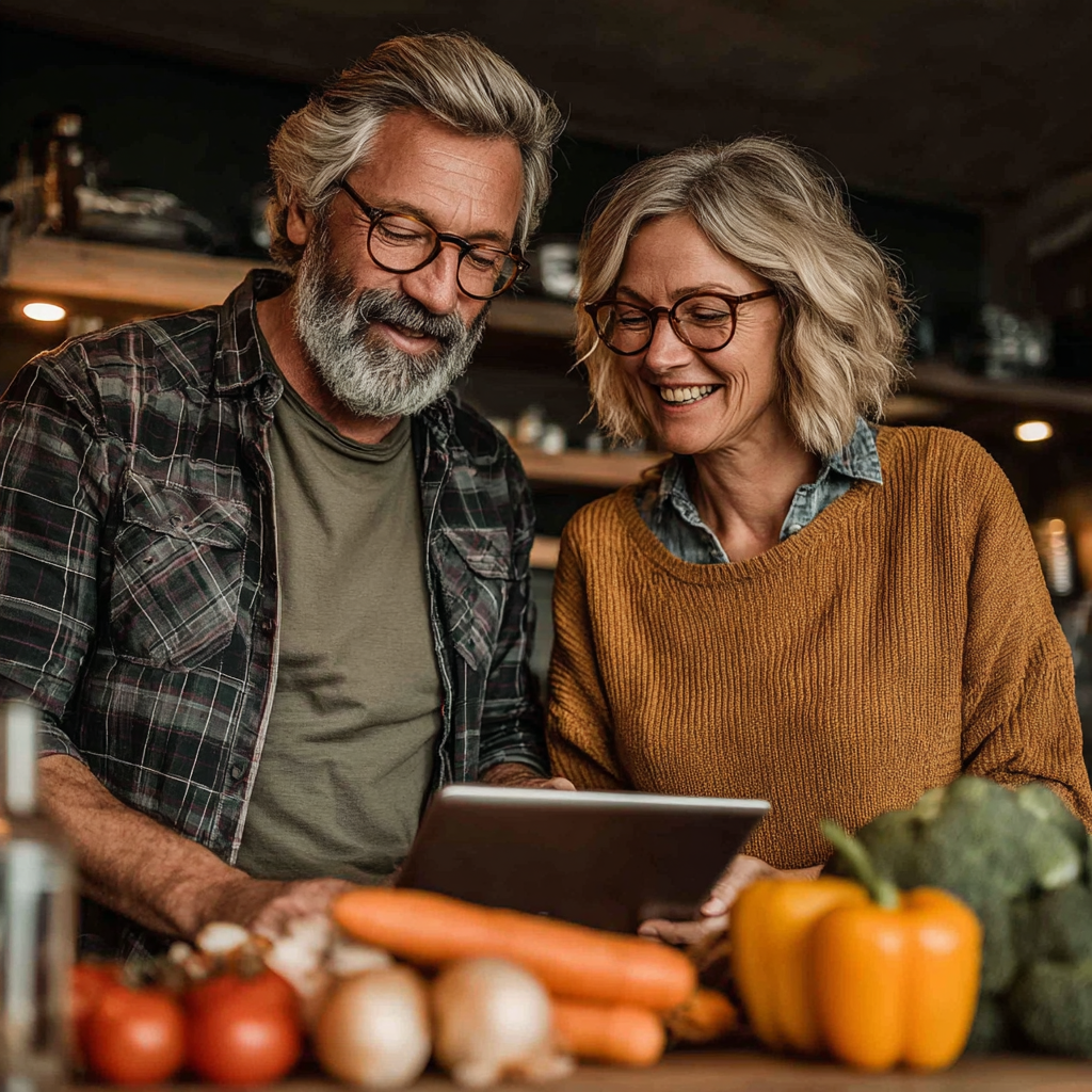 Пара 55-60 років разом готує здорову страву, використовуючи додаток vintroshel на планшеті, посміхаючись один одному